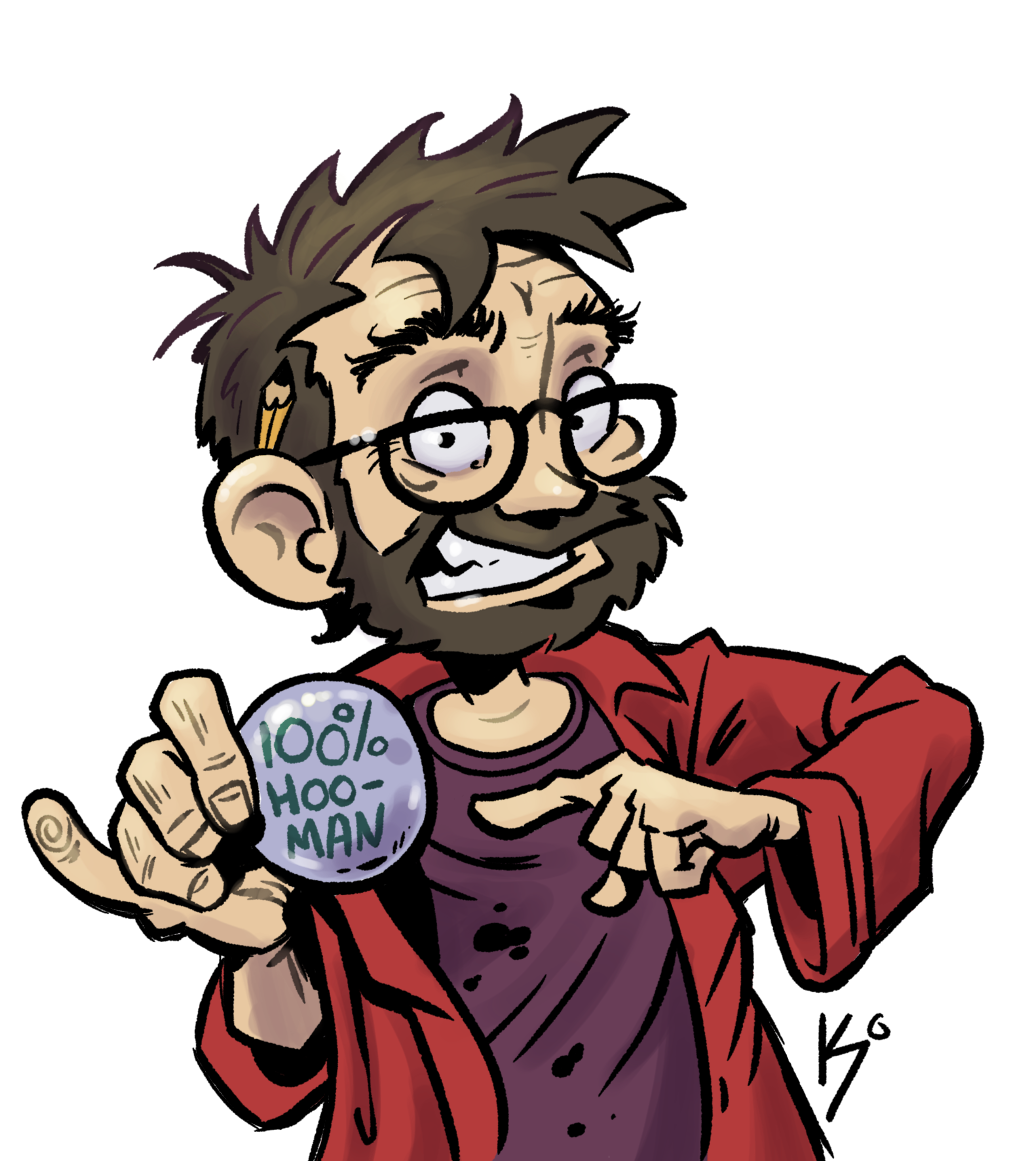 A guy holding a badge saying 100% hoo-man.
