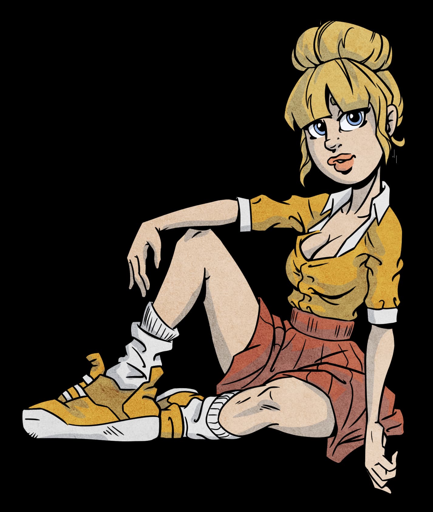 Cute blonde girl sitting against a wall. She's wearing a pleated skirt, sneakers with baggy socks and a blouse.