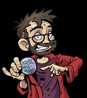 A guy holding a badge saying 100% hoo-man.